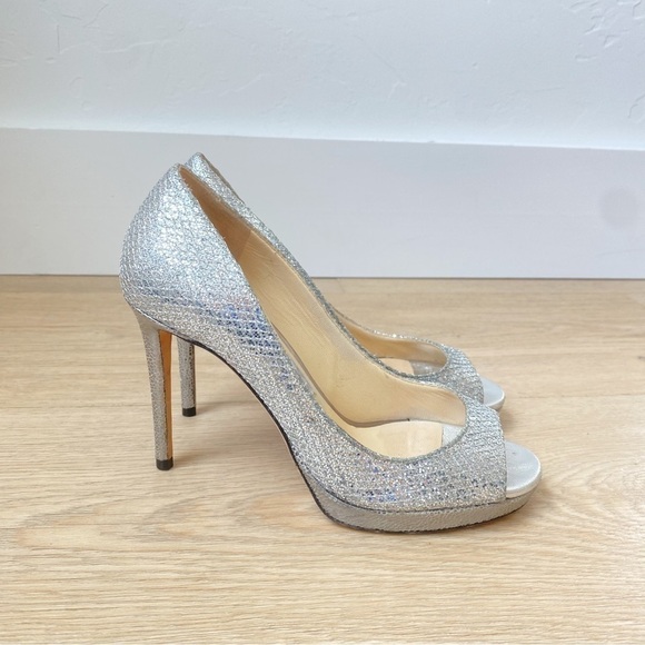 Jimmy Choo Luna 100 Champagne Glitter Fabric Peep Toe Platform Pumps - Picture 1 of 9